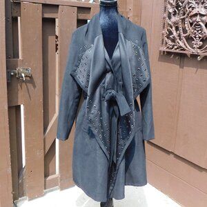SAMUEL DONG M Black Grommet Studded Super Soft Draped Belted Coat NEW
